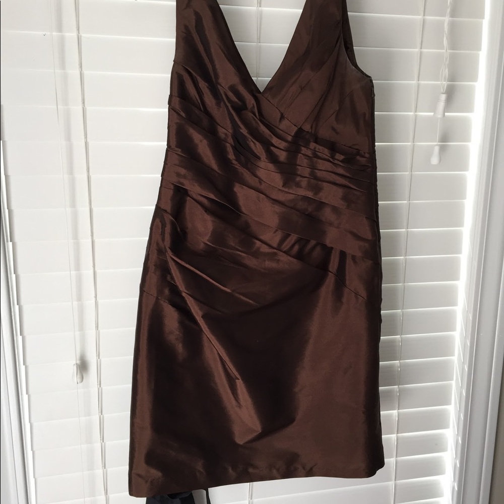 Monique Lhullier V neck brown w/black sash dress - Picture 3 of 9